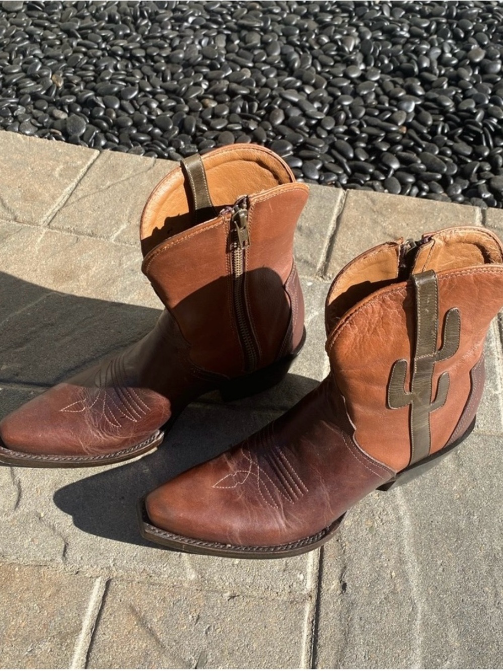 Lucchese Two-Tone Brown Leather Women's Western Zip-Back Boots
